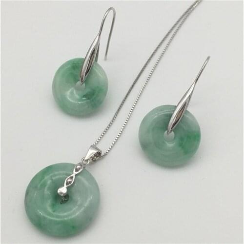 New Natural Stone 100% A Light Green Peace buckle Tibetan Silvers Earrings Pendant necklace around 12-14MM