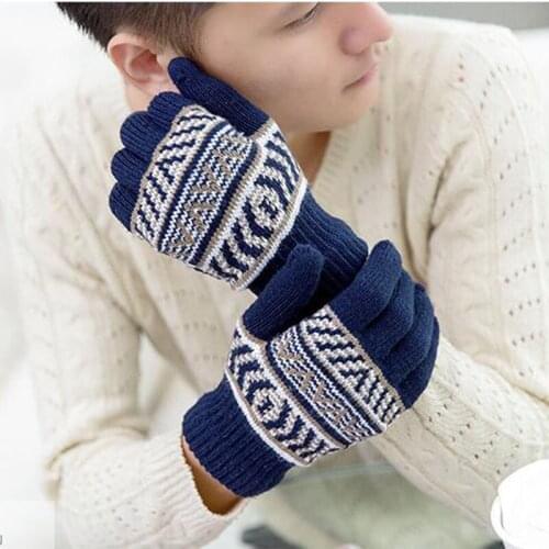 Fashion Mens Stretch Wool Knit Crochet Snowflake Full Finger Touch Screen Driving Glove Winter Outdoor Cycling Warm Mitten B64