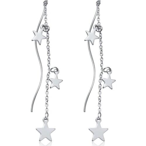 QCOOLJLY Charm Star Tassel Earrings for Women Long Dangle Drop Silver Color Earrings Pendant Woman Jewelry Mujer Brincos Gift