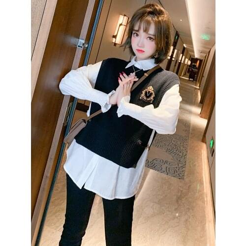 Shirt+Knitted vest+High waist button slim jeans three piece womens winter new High Quality New Fashion