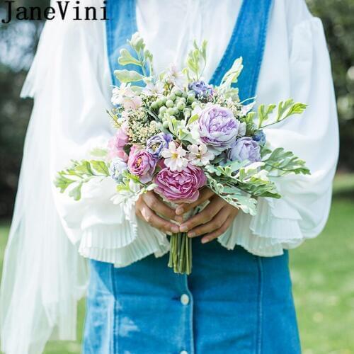 JaneVini Silk Bridesmaid Bouquets Artificial Peony Rose Trouw Boeket 2019 Small Size Bridal Wedding Bouquet Handle Bride Flowers