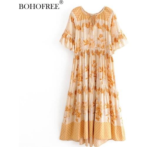 Boho Chic V Neck Dress Short Sleeve Yellow Floral Print Long Maxi Hippie Dresses Women Casual Dresses Rayon Cotton Vestidos