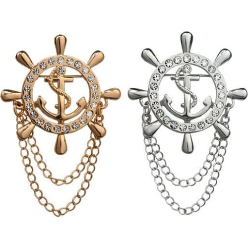 Vintage Navy Gold Collar Brooch Men Suit Lapel Pin Ship Helm Anchor Brooches Man Badge Women Wedding Shirt Broche Accessories