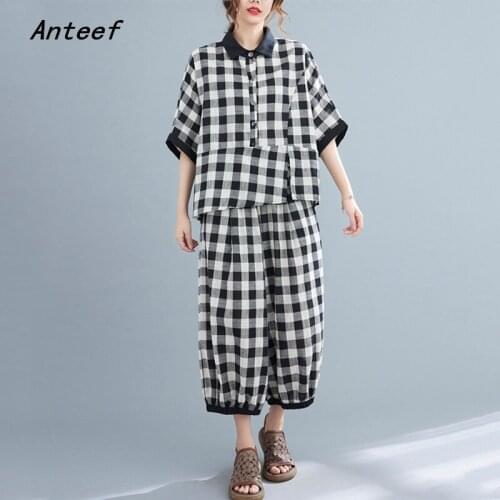Anteef cotton vintage plaid summer casual 2 two piece set loose tee t shirt women t-shirt ladies tshirt 2021 tops wide leg pants