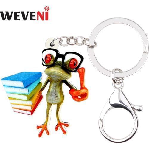 WEVENI Acrylic Studying Frog Key Chain Keychains Holder Anime Animal Jewelry For Women Girls Teens Gifts Bag Car Pendant Charms