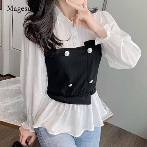 2020 Autumn New Fashion Long Lantern Sleeve Irregular Splicing Blouse Women Turn-down Collar Button Clothing Women Blusas 10538