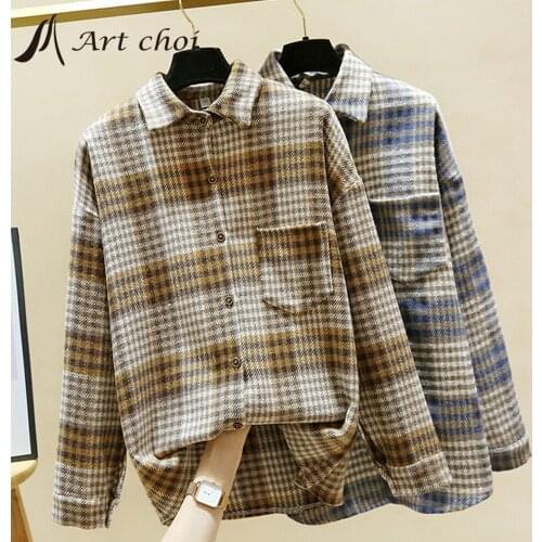 Women Blouses Turn-down Collar Spring Shirts Plaid Checked All-match BF Loose Outwear Harajuku Female Cloth Fabric Chic Vintage