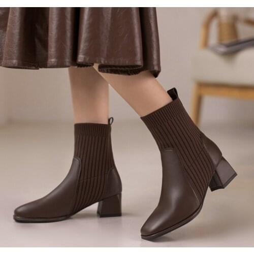 Women Ankle Boots Platform Socks Stretch Fabric Elastic High Heel Short Boots Square Toe Sexy Ladies Shoes Large Size 47 8918