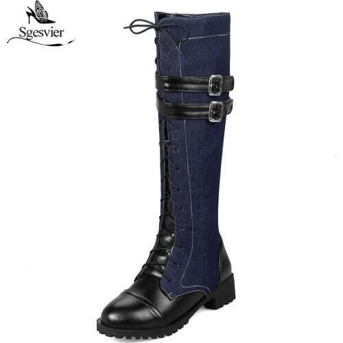 Sgesvier New Autumn Winter Shoes Women Denim Knee High Boots High Quality Platform Low Heel Lace Up Woman Shoes Botas Mujer