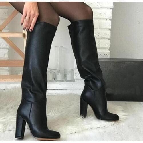Woman Black Brown Matte Leather High Block Heels Long Boots Wide Calf Customized Runway Fashion Ladies Knee High Boots Shoes