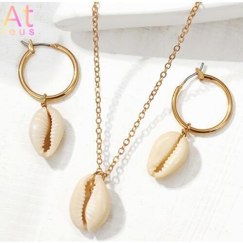 Summer Beach Style Natural Shell Hoop Earrings Pendant Necklace Set For Women Gold Color Metal Conch Starfish Jewelry Set 2pcs
