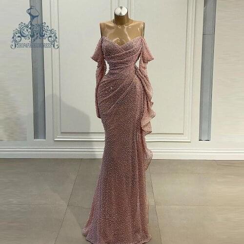 Elegant Off The Shoulder Beaded Mermaid Prom Gowns Real Image Ruffles Lace Floor Length Prom Dresses Formal Dresses Vestidos