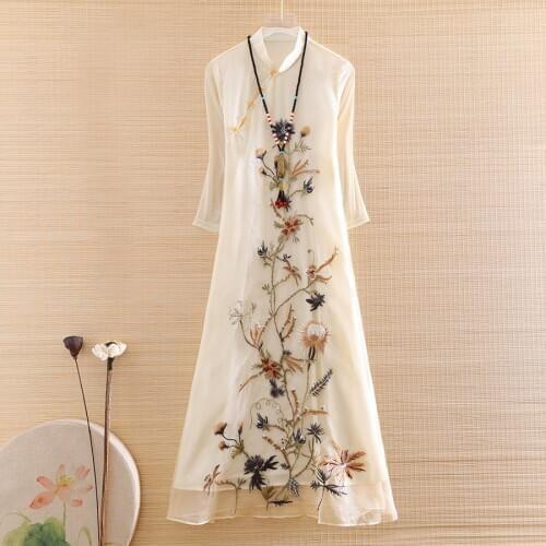 High-end Spring Organza Women Cheongsam Zen Tea Dress Retro Elegant Embroidery Loose A-line Lady Party Qiapao Dress S-XXL