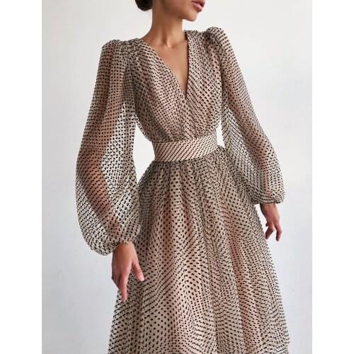 Summer Womens Dress Fashion Mesh V-neck Temperament Puff Sleeve Polka Dot Long Dress Woman