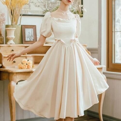 Vintage Bow Solid Temperament Woman Dress Fresh Slim Damesjurk Vestidos Elegantes Square Collar Puff Sleeve Folds DressesWomen