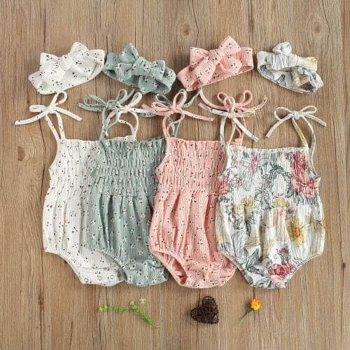 Infant Baby Girls 2Pcs Outfits Suits Cotton Summer Sleeveless Floral Printed Romper + Bowknot Headband Toddler Jumpsuits