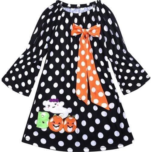 2018Baby Girl Halloween Dress Long sleeves Polka Dot Pumpkin Print Patchwork Princess Girls Holiday Party Costume 1-6Y