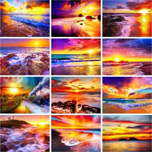Huacan Diamond Art Painting Sunset Seaside Scenery Full Square/round Mosaic Embroidery Fantasy Color Beach Landscape Home Decor