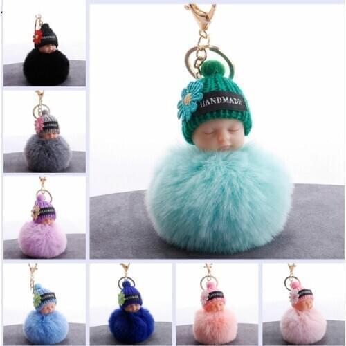 Sleeping Baby Doll Keychain Flower Pompom Rabbit Fur Ball Key Chain Fluffy Car Keyring