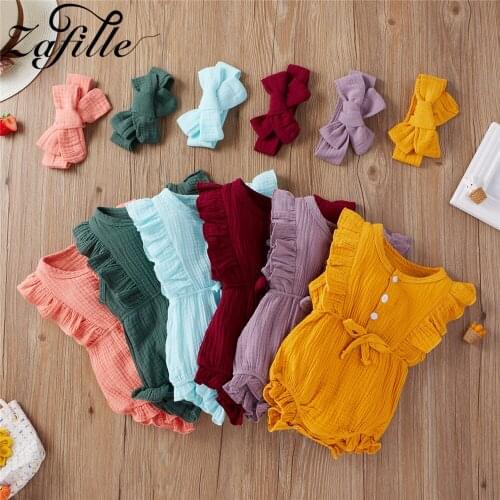 ZAFILLE Double Layer Babys Romper Summer Baby Girl Clothes Soft Solid Cotton Baby Girl Bodysuit Infant Pajamas Set+ Headbandn