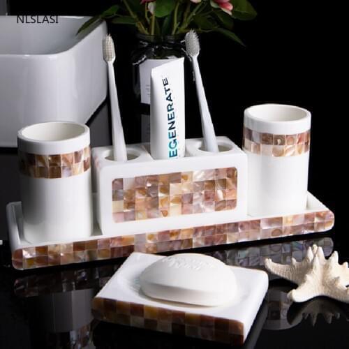 European Style Shell Pattern Series Resin Bathroom Accessories Set Gargle Cup Soap Dish Soap Dispenser Tray Toothbrush Holder
