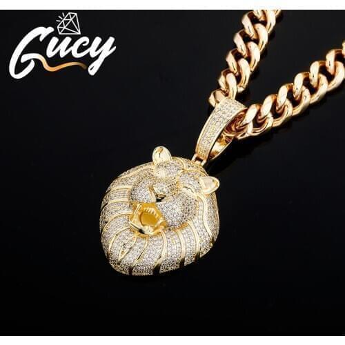 GUCY Fashion Animal Lion Head Necklaces & Pendant Gold Color Bling Cubic Zircon Mens Hip hop Necklace Rock Jewelry For Gift