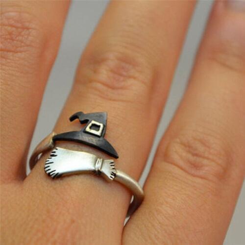 Halloween Ghost Witch Broom Finger Ring Black Patchwork Open Rings Party Cosplay Jewelry