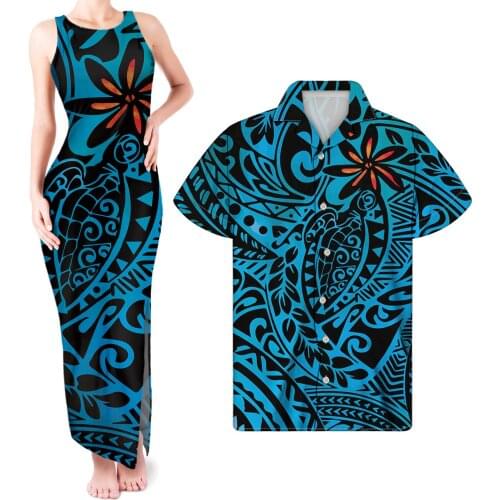 HYCOOL Hibiscus Print Royal Blue Match Couples Clothes Summer Womens Sleeveless Bodycon Dresses Womens Lady Maxi Sexy Sundresses