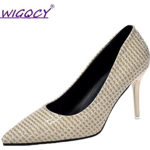Gingham Golden High heels women 2019 new Spring Autumn shoes women Princess Sequin Pointed Thin Heels Party Wedding shoes