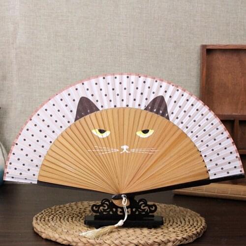 Cute Cartoon Cat Folding Silk Fan Handheld Fan Hollow Out Hand Folding Fans Outdoor Dancing Wedding Party Decoration