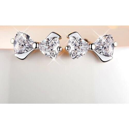 Fashion Female White Crystal Small Earrings Classic 925 Sterling Silver Wedding Earrings For Women Cute Bridal Bow Stud Earrings