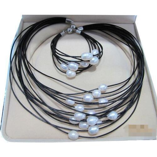 Beautiful 10-11mm Natural White Fresh Water Pearls With Black Leather Necklace&Bracelet