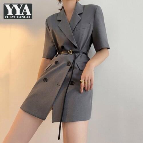 New Summer Design Thin Long Suit Jacket Office Ladies Classic Gray Double Breasted Blazers Women Short Sleeve Casual Blazer Tops
