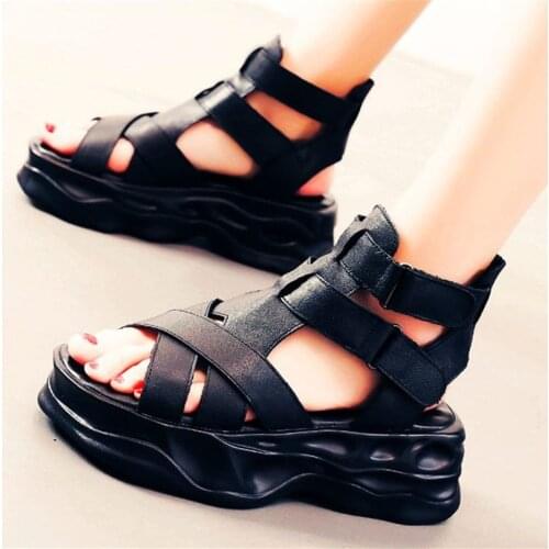 Punk Goth Womens Cow Leather Strappy Gladiator Sandals Flat Platform Summer Ankle Boots Oxfords Party SHoes 39 35 36 37 38