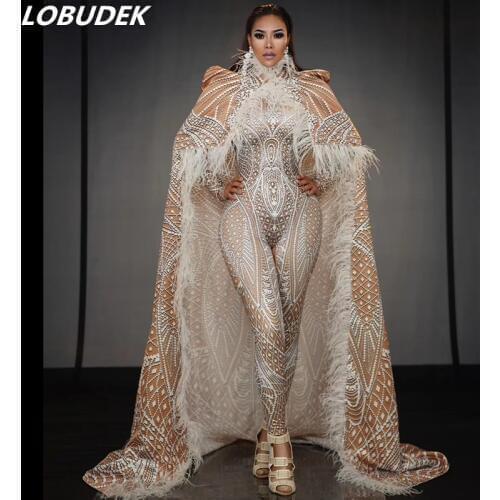 Female Singer Stage Wear 3D Printing Stretch Leotard Jumpsuit Long Feather Cloak Outfit Birthday Dancer Models Catwalk Costume