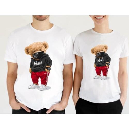 Womens T-shirt Mask Bear Print T-shirt Womens Summer Casual White Top 90s Girls Short Sleeve Mens T-shirt Unisex Top Tees