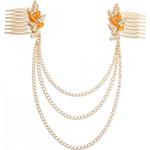 Womens Personality Golden Chain Tassel Rhinestone Resin Leaf Hair Comb Cuff Clip Headband Hair Band Headpieces