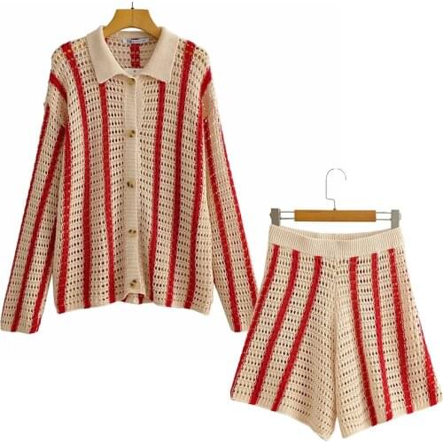 Aonibeier 2021 Za Woman Traf Outfits Summer Autumn Red Striped Open Knit Cardigan + Loose Shorts Suits Casual Beach 2 Piece Sets
