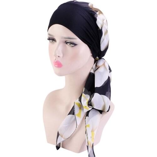New Women Chiffon material printed breathable long headscarf elastic band turban hair care Headwear adjustable headcover