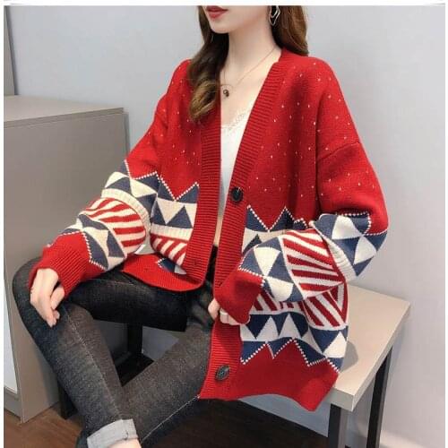 2021 New Korean Style Loose Knitted Cardigan Long Sleeve V-neck Striped Dot Plaid Sweater Jacket Womens Autumn Winter Outerwear