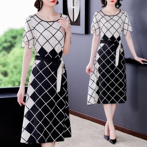 2021 Vintage Plaid Print Mulberry Silk Satin Midi Dress Summer 3XL Plus Size White Dresses Women Elegant Bodycon Party Vestidos