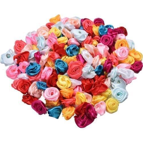 100 Pcs Mini Mixed Colors Small Rose Flower Handmade Satin Rose Head Wedding Scrapbooking Decoration Sewing Supplier Accessories