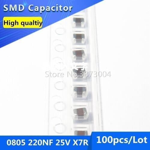 100pcs SMD Thick Film Chip Multilayer Ceramic Capacitor 0805 220NF 25V X7R 10
