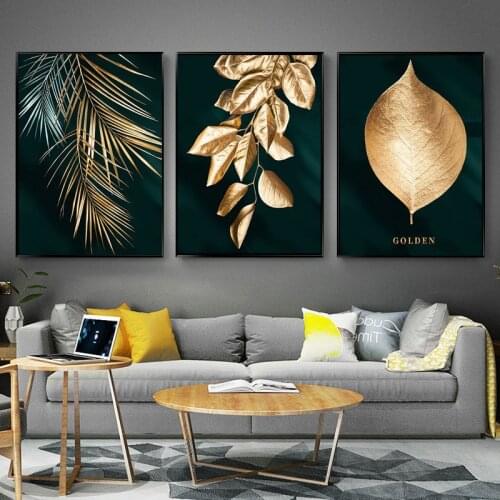 Abstract Art Gold Foil Dark Green Leaf Modern Simple Light Luxury Bedroom Living Room Decoration Painting Canvas Print Poster