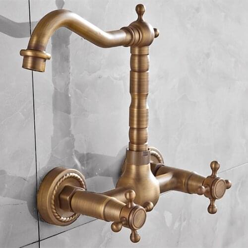 Antique Brass Wall-Mounted Kitchen Faucet Double Handle Vanities Continental Basin Faucet Antique Brass Kitchen Faucets