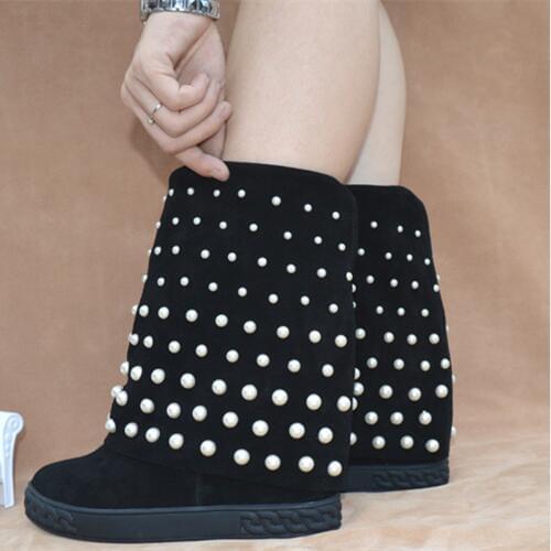 Brand C Women Wedges Suede Leather Boots Women Height Increasing Platform Pearls Studded Women Winter Boots EU 41