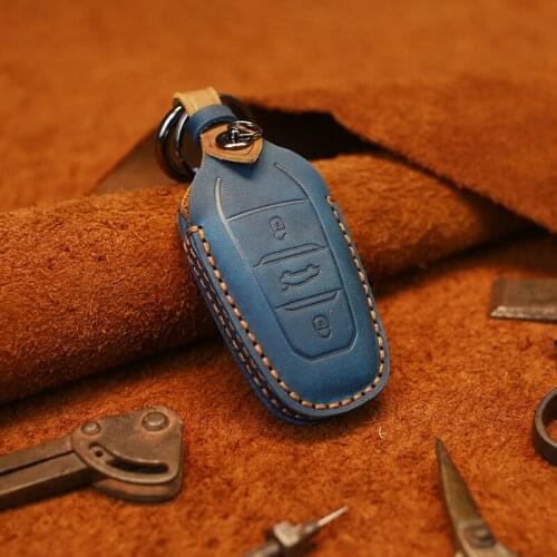 Car key Case Suitable for Dongfeng Peugeot Citroen DS Leather Hand-sewn Car Key Cover Crazy Horse Leather Key Case