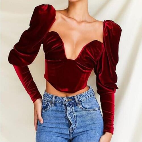 Cultiseed Women Sexy Deep V Neck Strapless Puff Sleeve Gold Velvet Party T-Shirts Tops Female New Fashion Slim Waist Short Tees