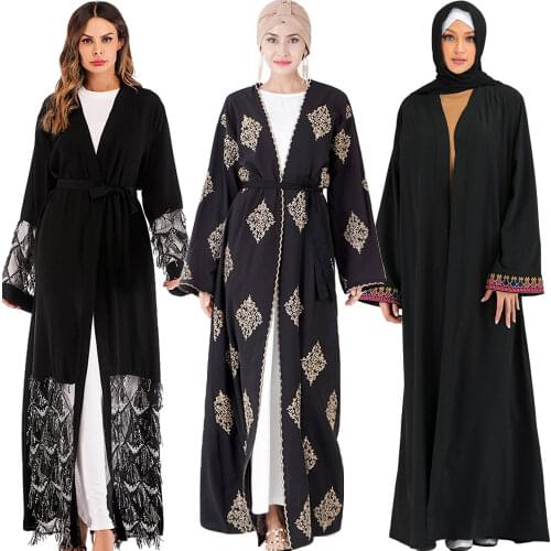Dubai Style Abaya Lace Long Cardigan Muslim Women Maxi Dress Open Front Kimono Jilbab Kaftan Islamic Robe Cocktail Gown Ramadan