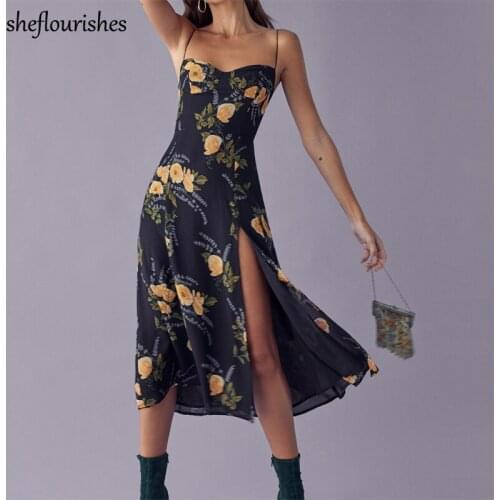 Elegant dress summer sleeveless dresses women sexy spaghetti strap dress floral print midi dresses backless party dress navy